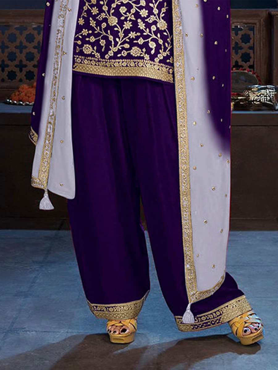 Purple Heavy Pure Viscose Dola Silk Embroidery Zari Wedding Party Festival Palazzo Pant Bollywood Style Salwar Kameez