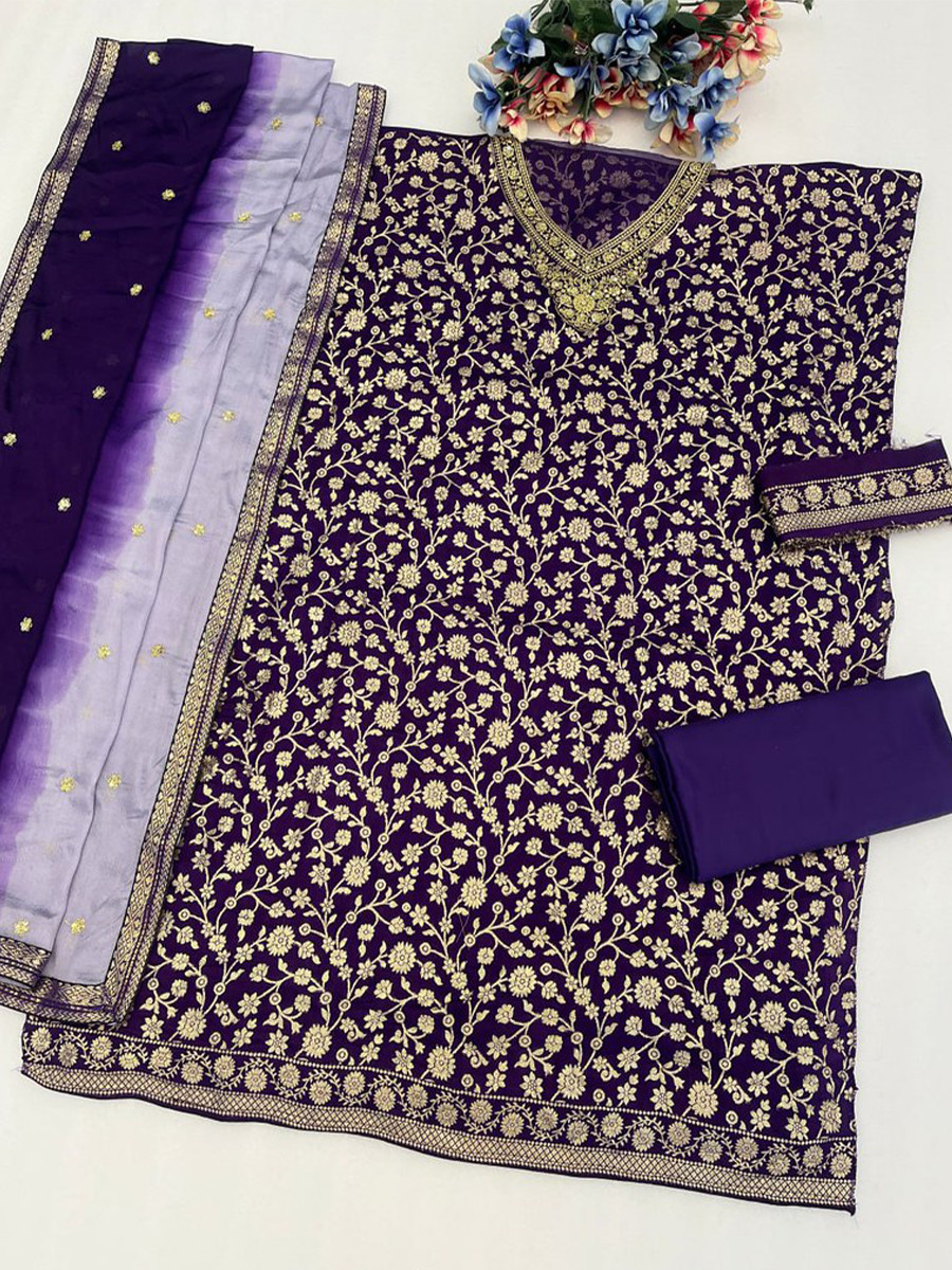 Purple Heavy Pure Viscose Dola Silk Embroidery Zari Wedding Party Festival Palazzo Pant Bollywood Style Salwar Kameez