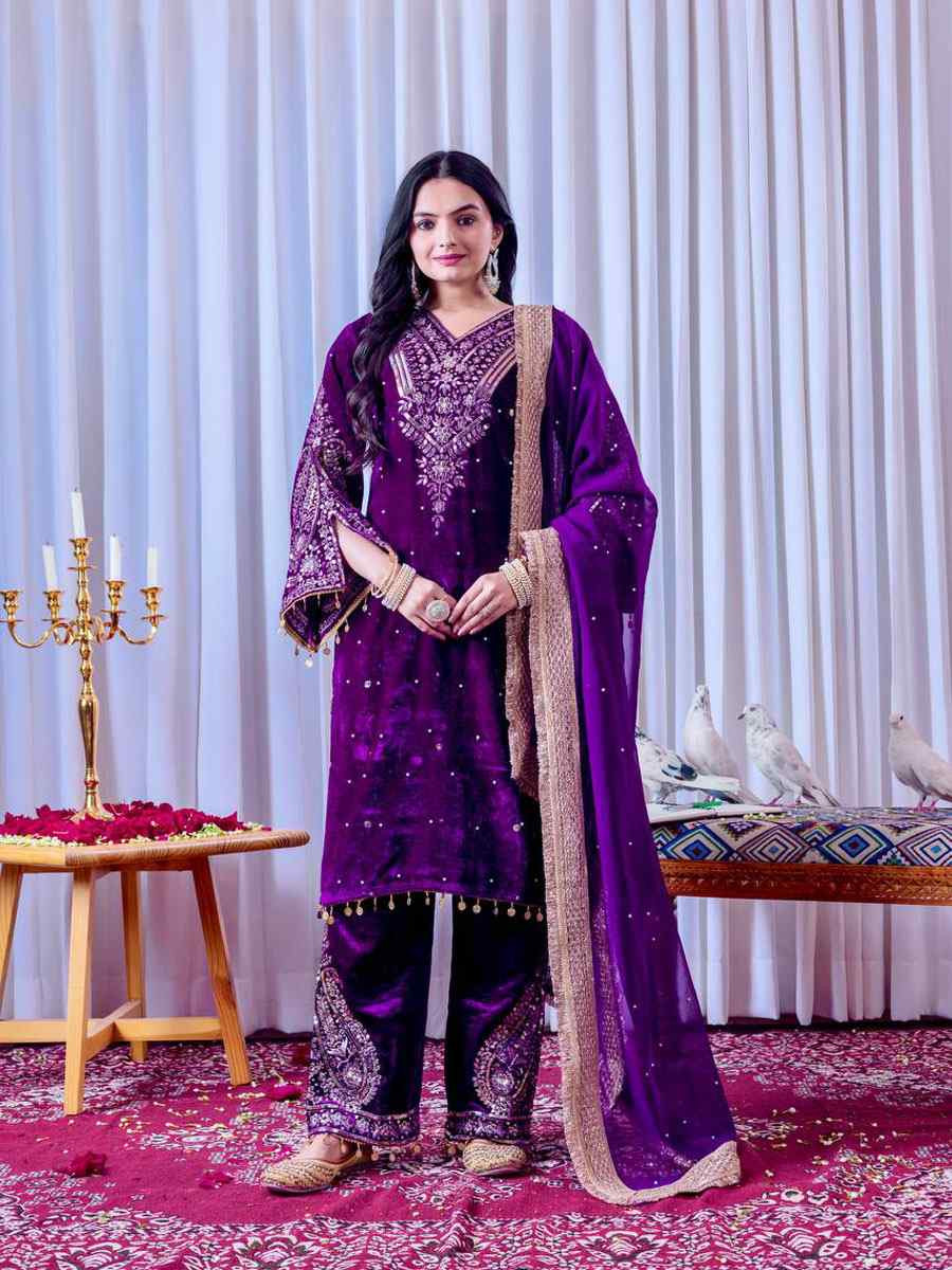 Purple Heavy Pure Viscose Velvet Embroidery Party Wedding Festival Casual Ready Pant Salwar Kameez