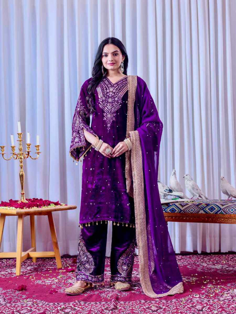 Image of Purple Heavy Pure Viscose Velvet Embroidery Party Wedding Festival Casual Ready Pant Salwar Kameez