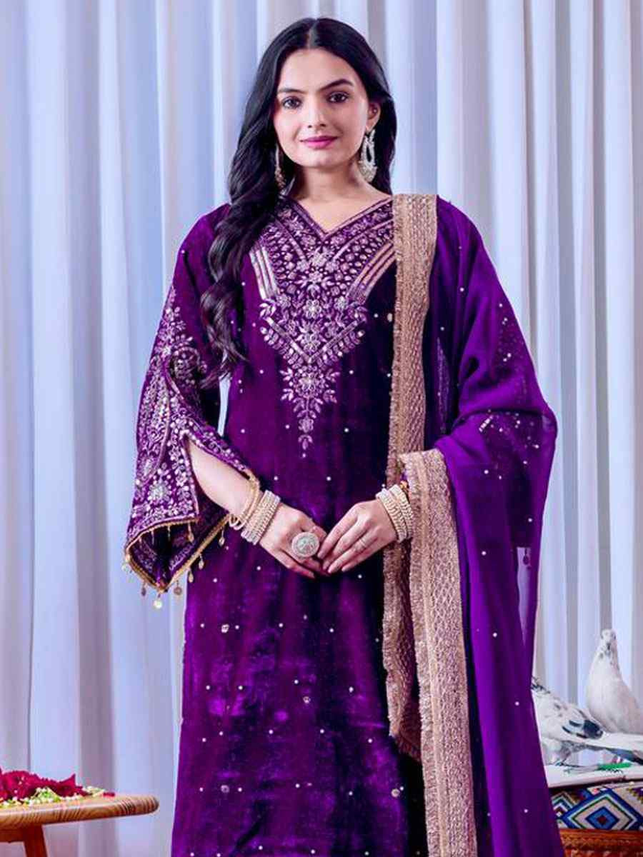 Purple Heavy Pure Viscose Velvet Embroidery Party Wedding Festival Casual Ready Pant Salwar Kameez