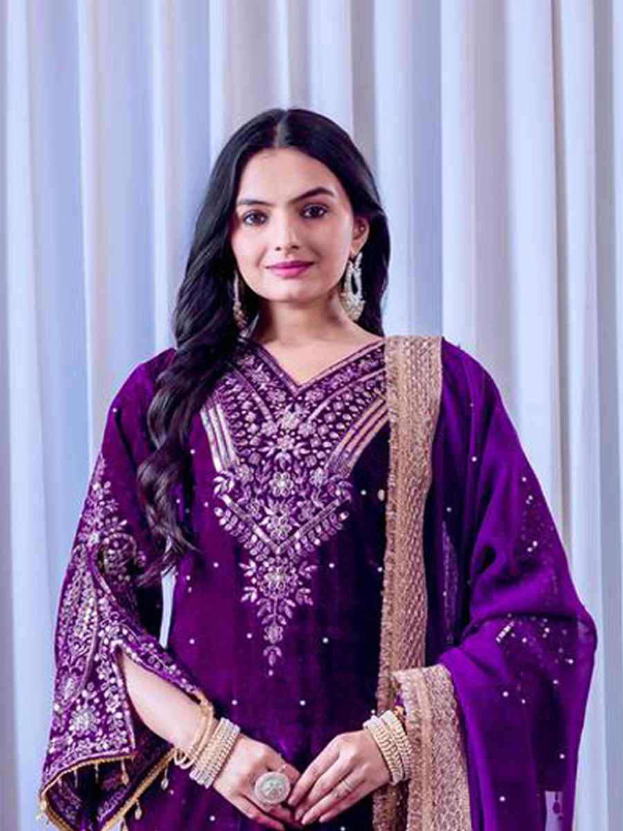 Purple Heavy Pure Viscose Velvet Embroidery Party Wedding Festival Casual Ready Pant Salwar Kameez