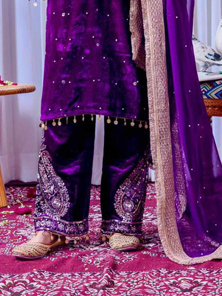 Purple Heavy Pure Viscose Velvet Embroidery Party Wedding Festival Casual Ready Pant Salwar Kameez