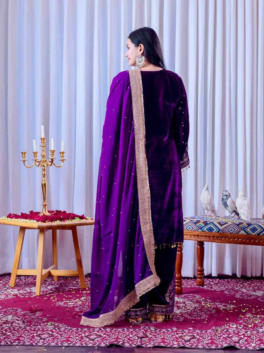 Purple Heavy Pure Viscose Velvet Embroidery Party Wedding Festival Casual Ready Pant Salwar Kameez