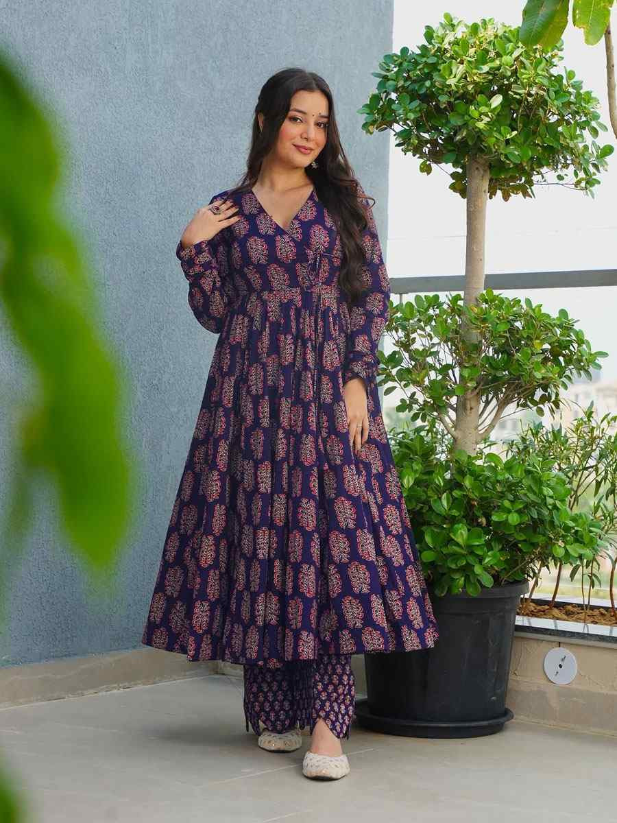 Purple Heavy Rayon Printed Festival Casual Kurti with Bottom