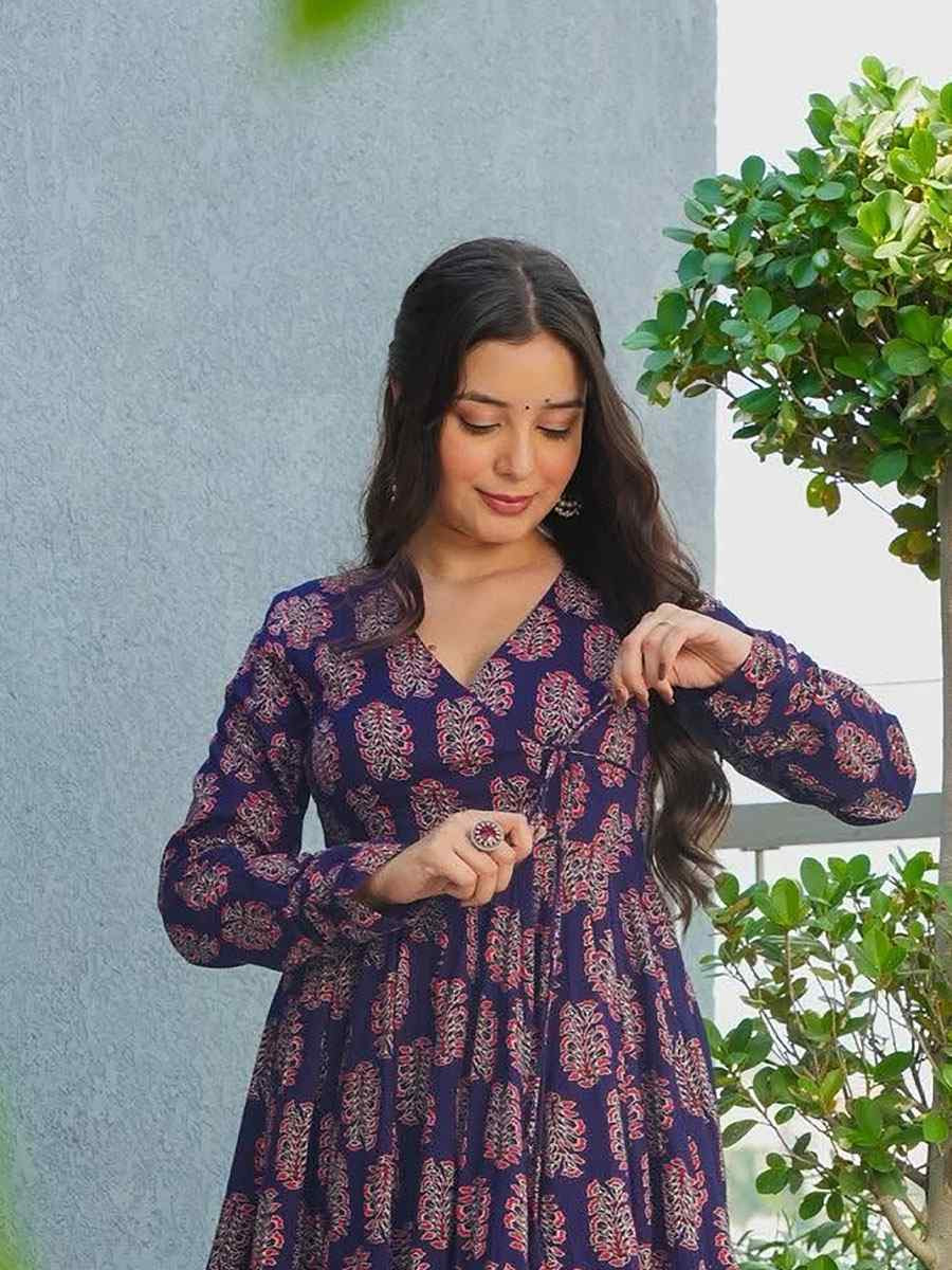 Purple Heavy Rayon Printed Festival Casual Kurti with Bottom