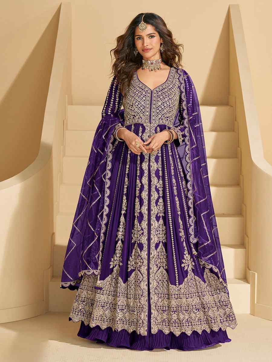 Purple Heavy Real Chinon Embroidered Wedding Reception Festival Ready Heavy Border Kurti Lehenga Choli