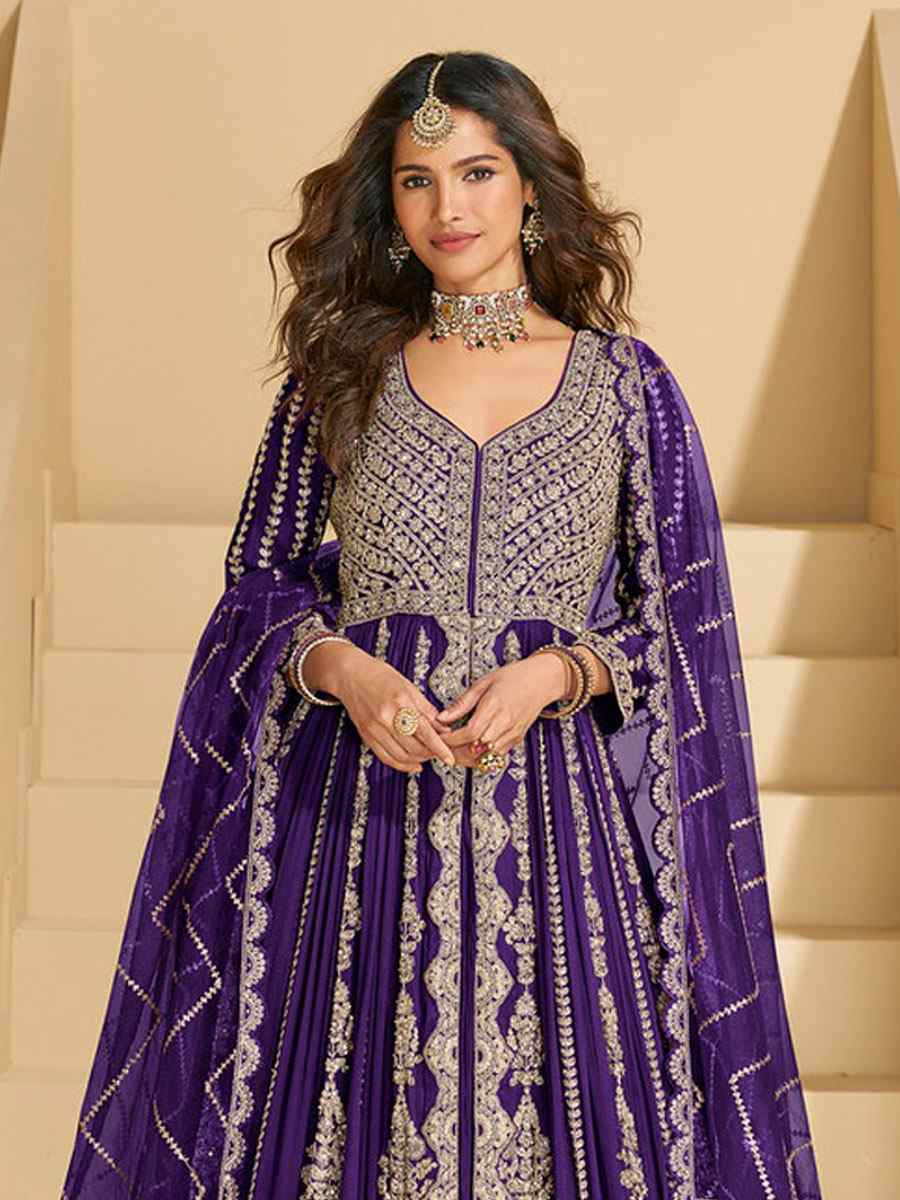Purple Heavy Real Chinon Embroidered Wedding Reception Festival Ready Heavy Border Kurti Lehenga Choli