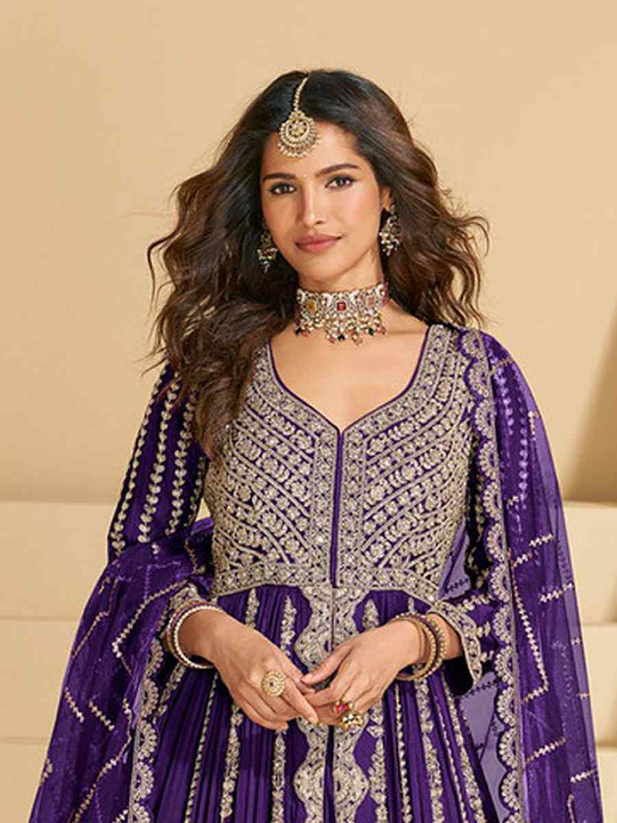 Purple Heavy Real Chinon Embroidered Wedding Reception Festival Ready Heavy Border Kurti Lehenga Choli