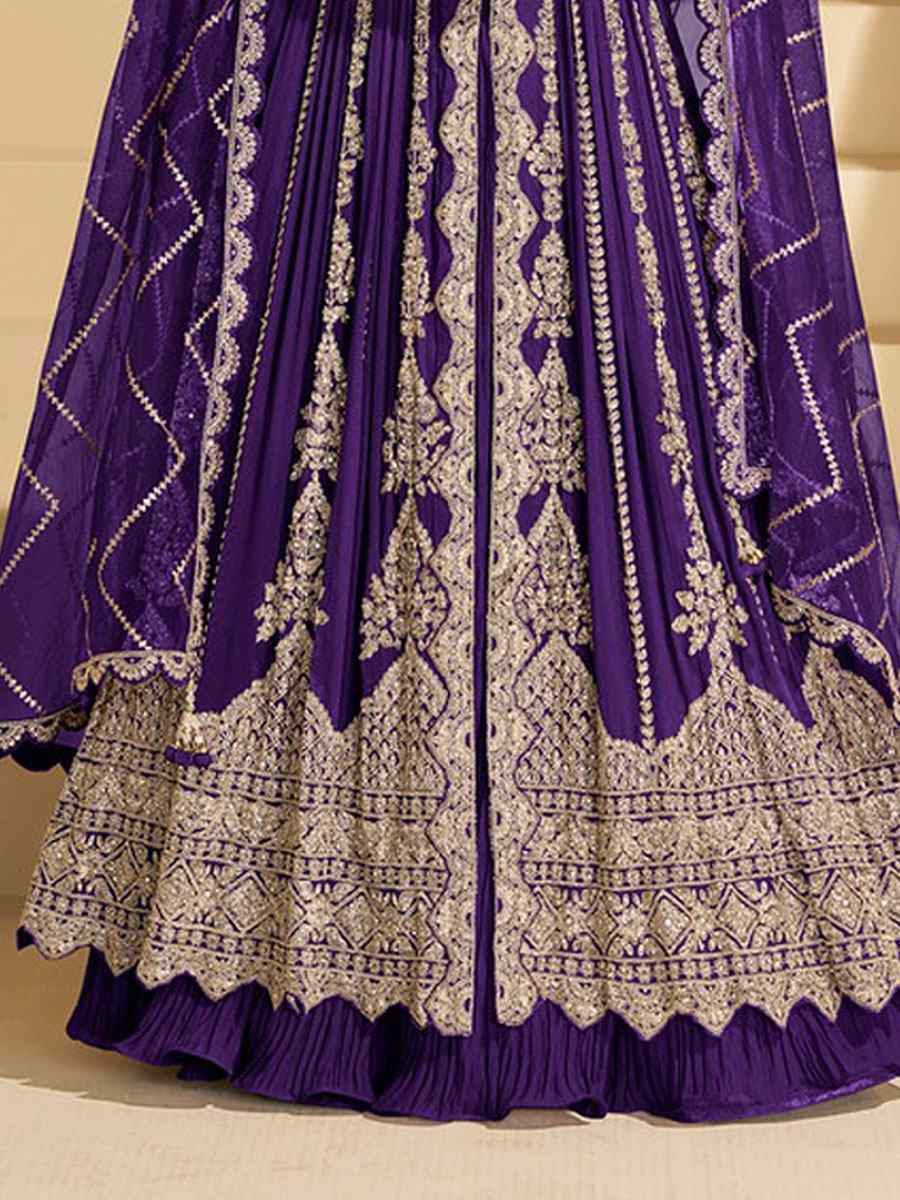 Purple Heavy Real Chinon Embroidered Wedding Reception Festival Ready Heavy Border Kurti Lehenga Choli