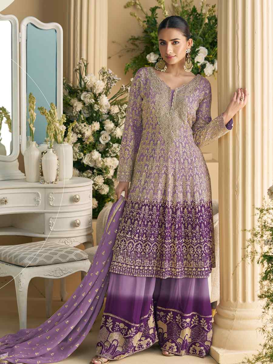 Purple Heavy Real Gerogette Embroidery Party Wedding Festival Casual Ready Palazzo Pant Salwar Kameez