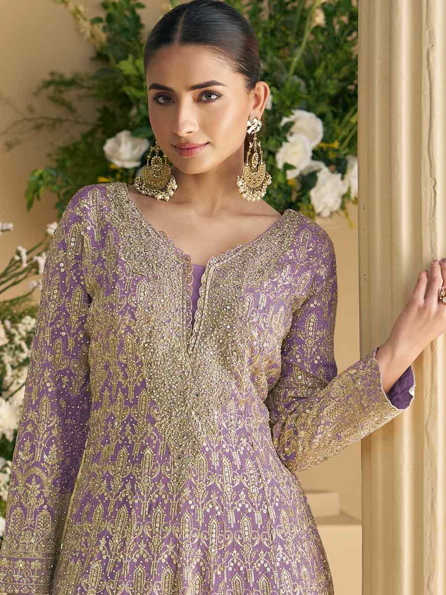 Purple Heavy Real Gerogette Embroidery Party Wedding Festival Casual Ready Palazzo Pant Salwar Kameez
