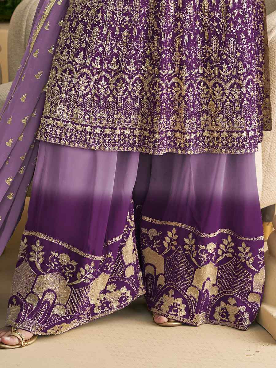 Purple Heavy Real Gerogette Embroidery Party Wedding Festival Casual Ready Palazzo Pant Salwar Kameez