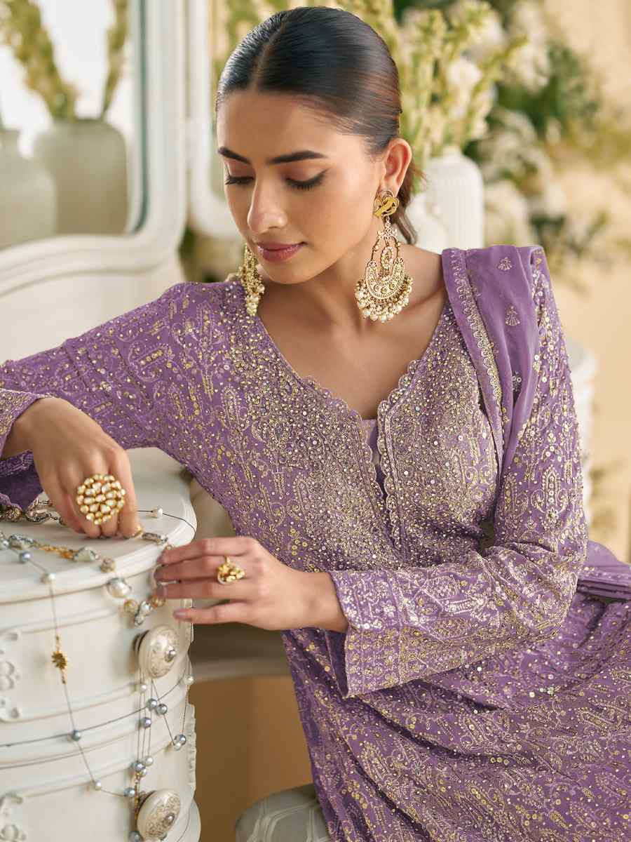 Purple Heavy Real Gerogette Embroidery Party Wedding Festival Casual Ready Palazzo Pant Salwar Kameez
