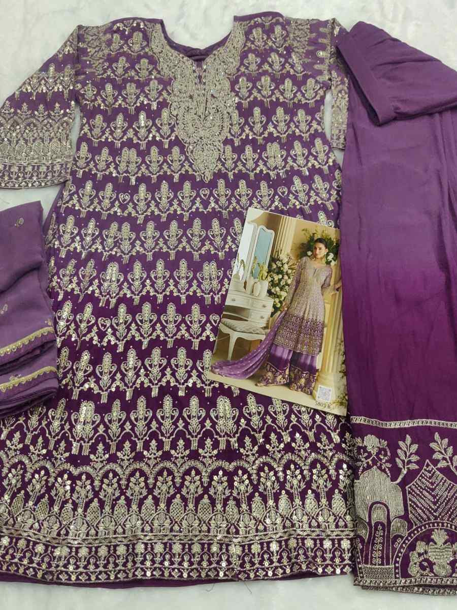 Purple Heavy Real Gerogette Embroidery Party Wedding Festival Casual Ready Palazzo Pant Salwar Kameez