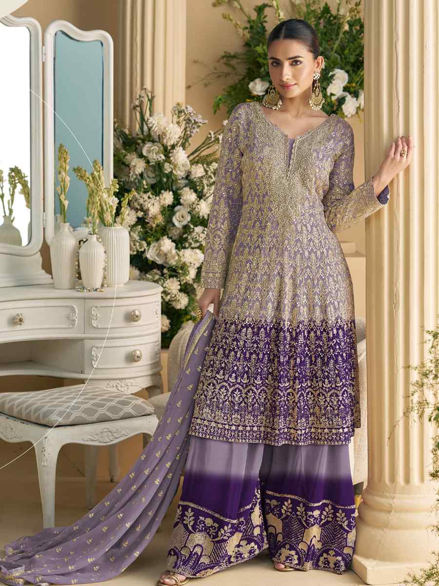 Purple Heavy Real Gerogette Embroidery Party Wedding Festival Casual Ready Palazzo Pant Salwar Kameez