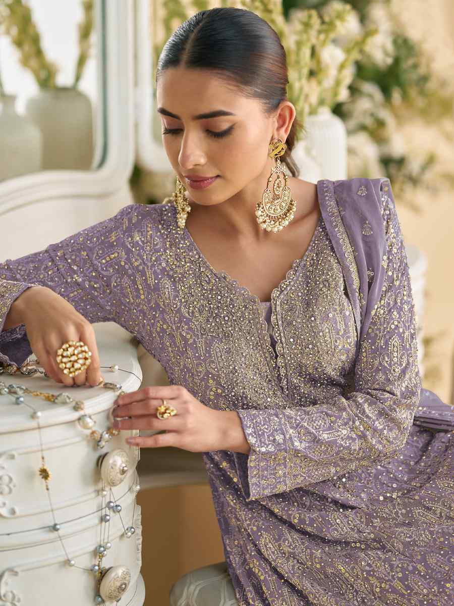Purple Heavy Real Gerogette Embroidery Party Wedding Festival Casual Ready Palazzo Pant Salwar Kameez