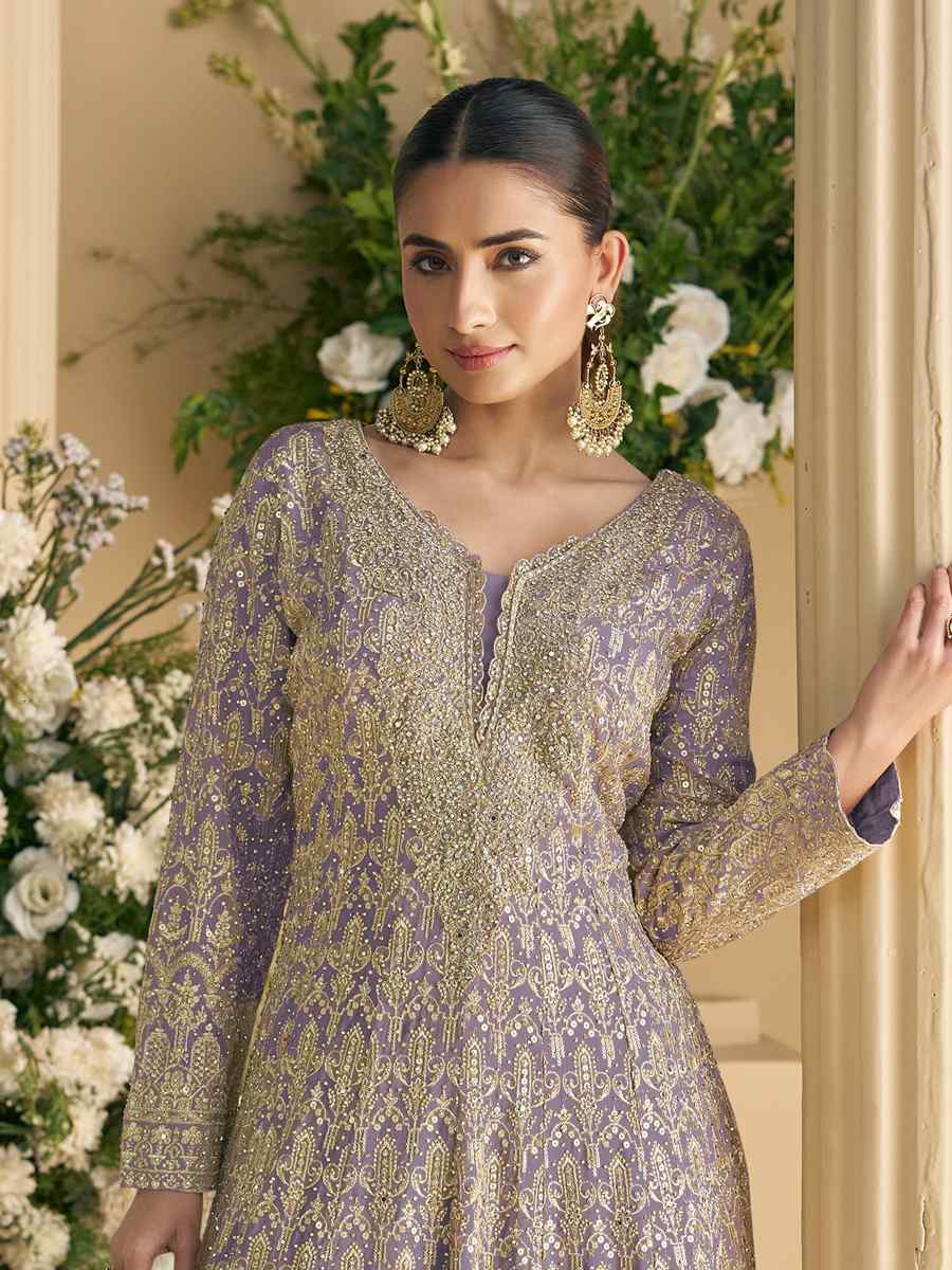 Purple Heavy Real Gerogette Embroidery Party Wedding Festival Casual Ready Palazzo Pant Salwar Kameez