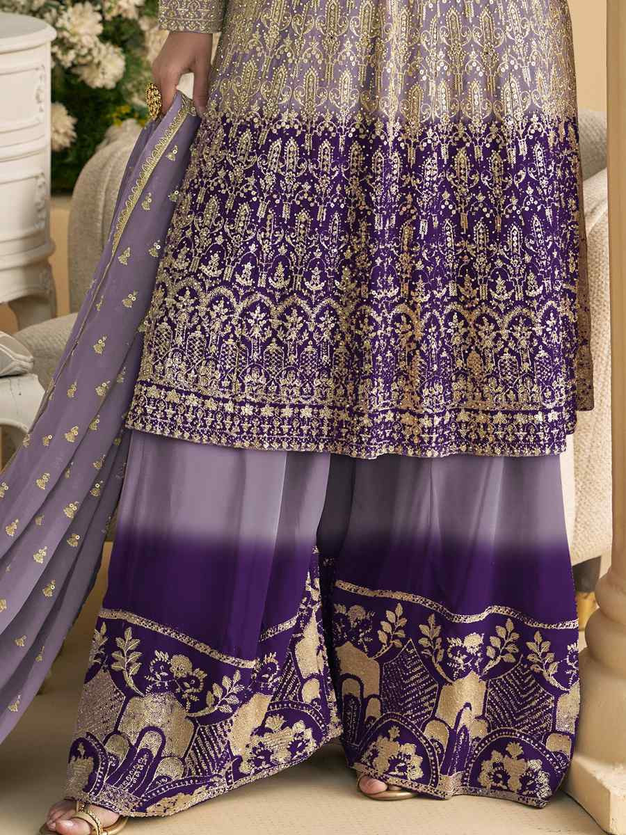 Purple Heavy Real Gerogette Embroidery Party Wedding Festival Casual Ready Palazzo Pant Salwar Kameez