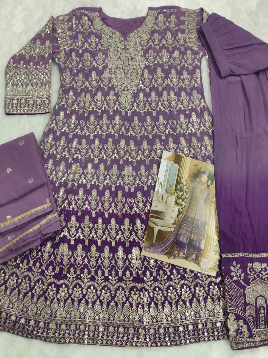 Purple Heavy Real Gerogette Embroidery Party Wedding Festival Casual Ready Palazzo Pant Salwar Kameez