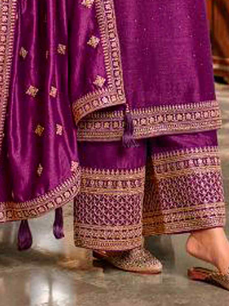 Purple Heavy Silk Georgette Embroidered Wedding Festival Bollywood Palazzo Pant Salwar Kameez