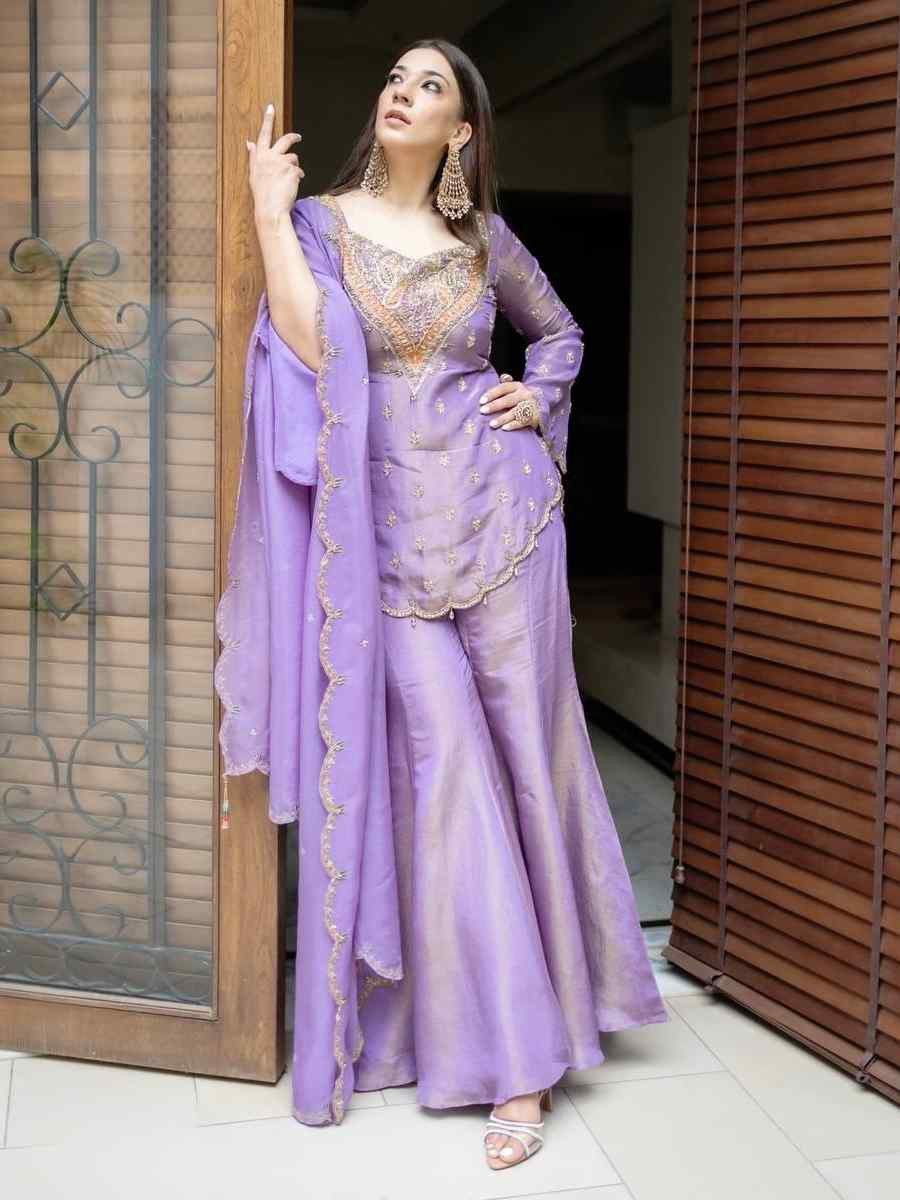 Purple Heavy Simar Silk Embroidered Party Wedding Ready Palazzo Pant Salwar Kameez