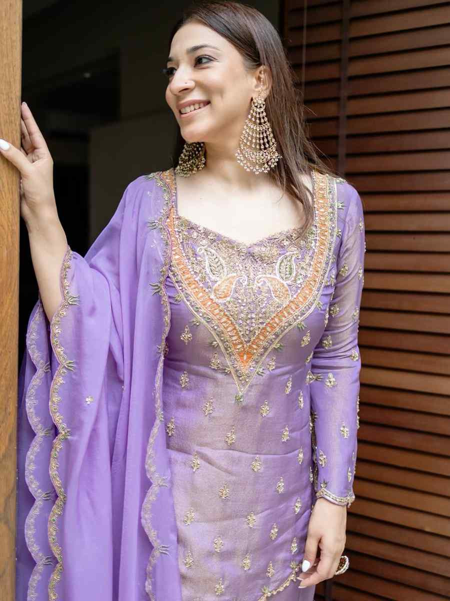 Purple Heavy Simar Silk Embroidered Party Wedding Ready Palazzo Pant Salwar Kameez