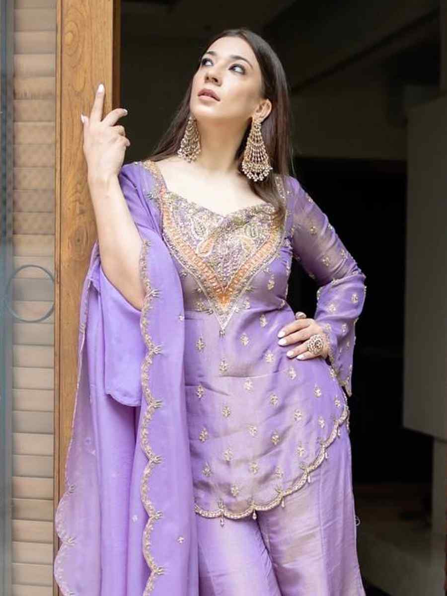 Purple Heavy Simar Silk Embroidered Party Wedding Ready Palazzo Pant Salwar Kameez