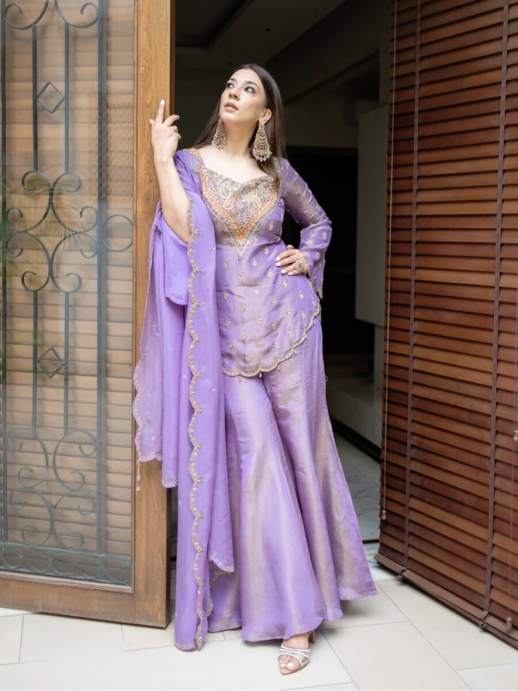 Image of Purple Heavy Simar Silk Embroidery Sequins Zari Wedding Party Festival Ready Sharara Pant Salwar Kameez