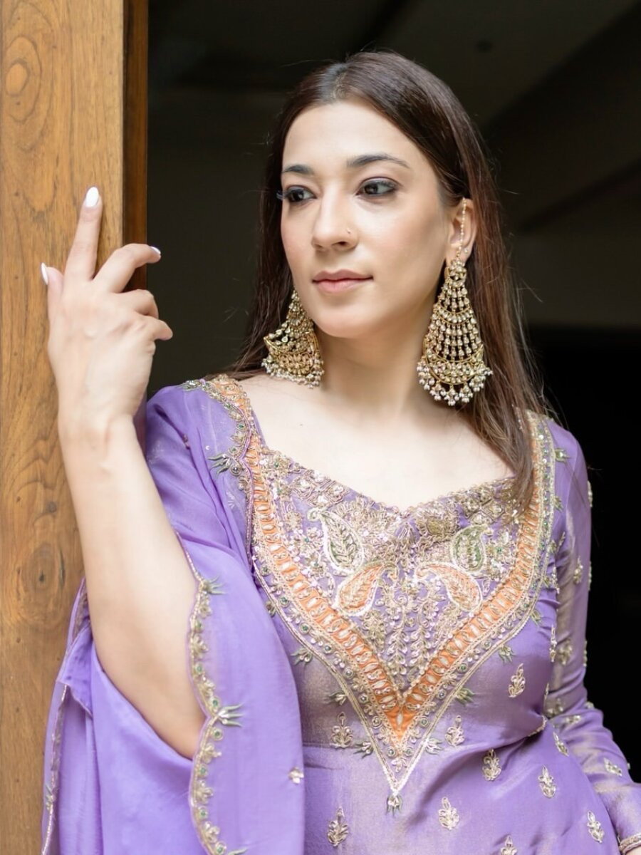 Purple Heavy Simar Silk Embroidery Sequins Zari Wedding Party Festival Ready Sharara Pant Salwar Kameez