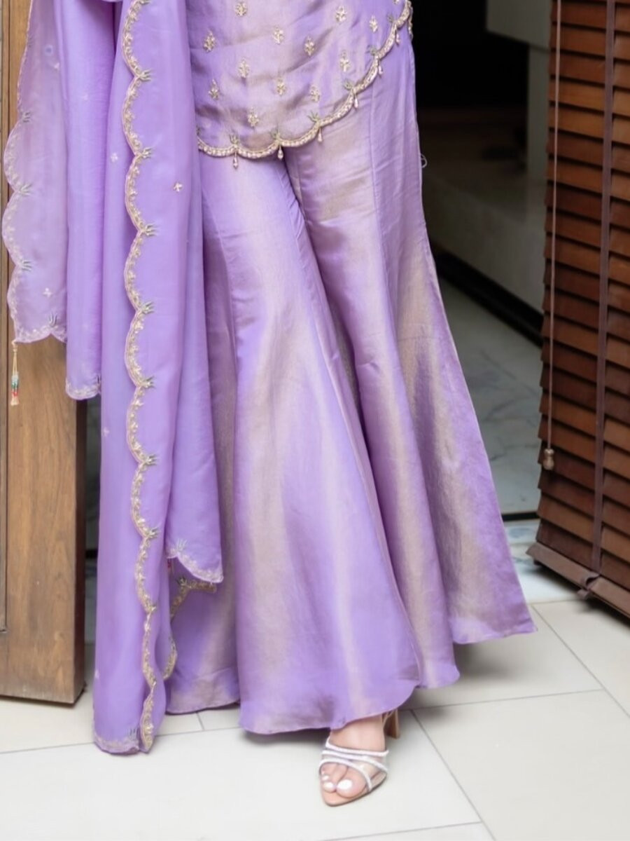 Purple Heavy Simar Silk Embroidery Sequins Zari Wedding Party Festival Ready Sharara Pant Salwar Kameez