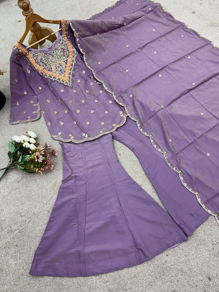 Purple Heavy Simar Silk Embroidery Sequins Zari Wedding Party Festival Ready Sharara Pant Salwar Kameez