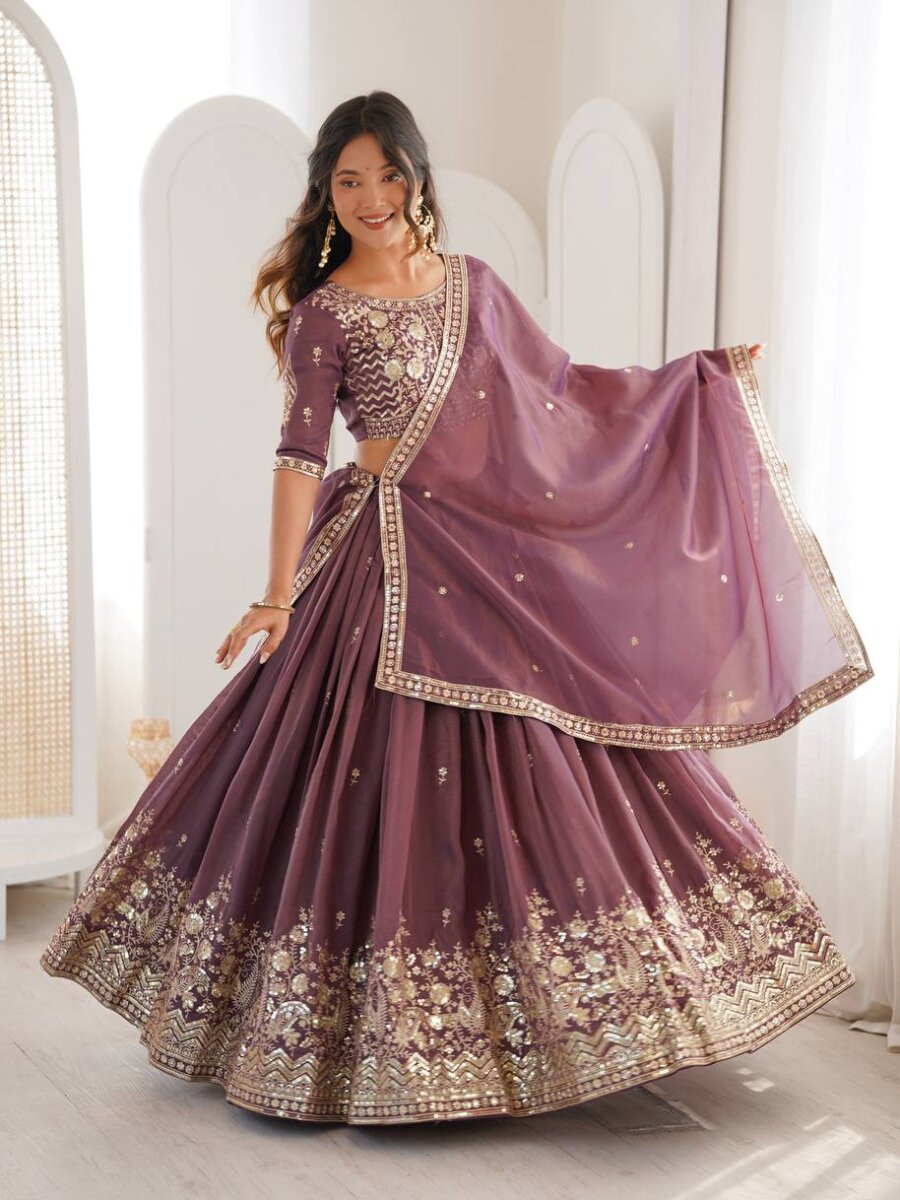 Purple Heavy Simar Silk Embroidery Sequins Zari Wedding Reception Party Festival Wear Heavy Border Lehenga Choli