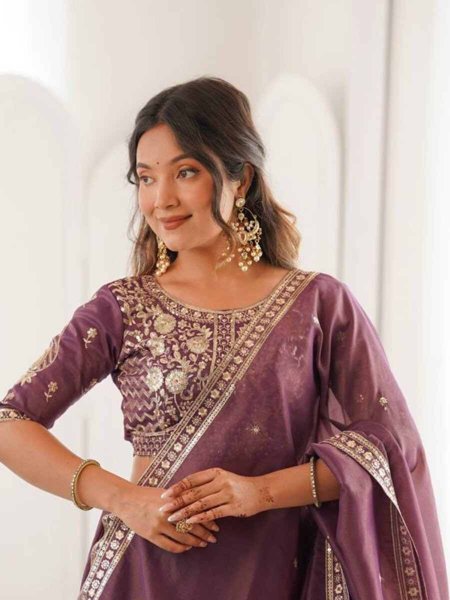 Purple Heavy Simar Silk Embroidery Sequins Zari Wedding Reception Party Festival Wear Heavy Border Lehenga Choli