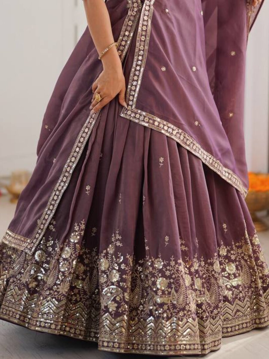 Purple Heavy Simar Silk Embroidery Sequins Zari Wedding Reception Party Festival Wear Heavy Border Lehenga Choli
