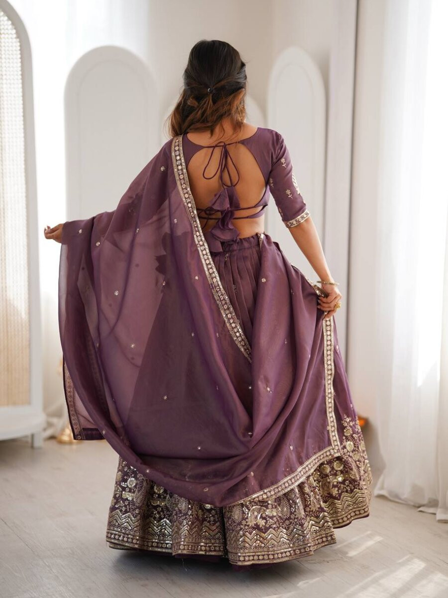 Purple Heavy Simar Silk Embroidery Sequins Zari Wedding Reception Party Festival Wear Heavy Border Lehenga Choli