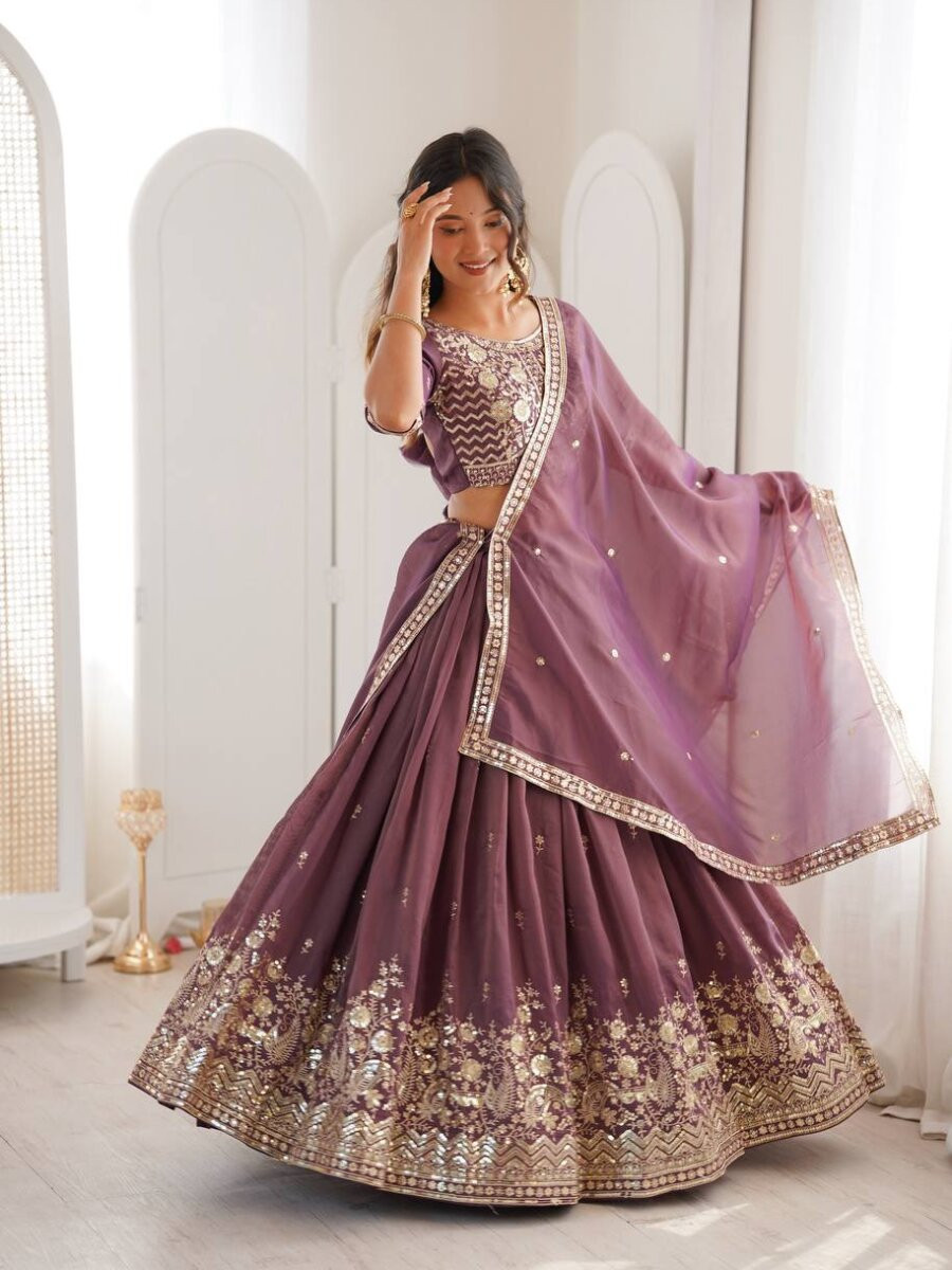 Purple Heavy Simar Silk Embroidery Sequins Zari Wedding Reception Party Festival Wear Heavy Border Lehenga Choli