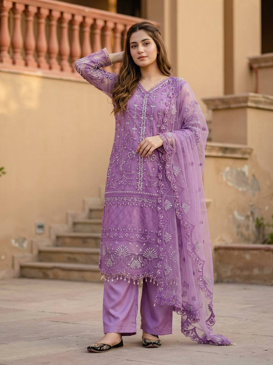 Purple Heavy Soft Net Embroidery Sequins Beads Party Wedding Festival Casual Ready Palazzo Pant Salwar Kameez