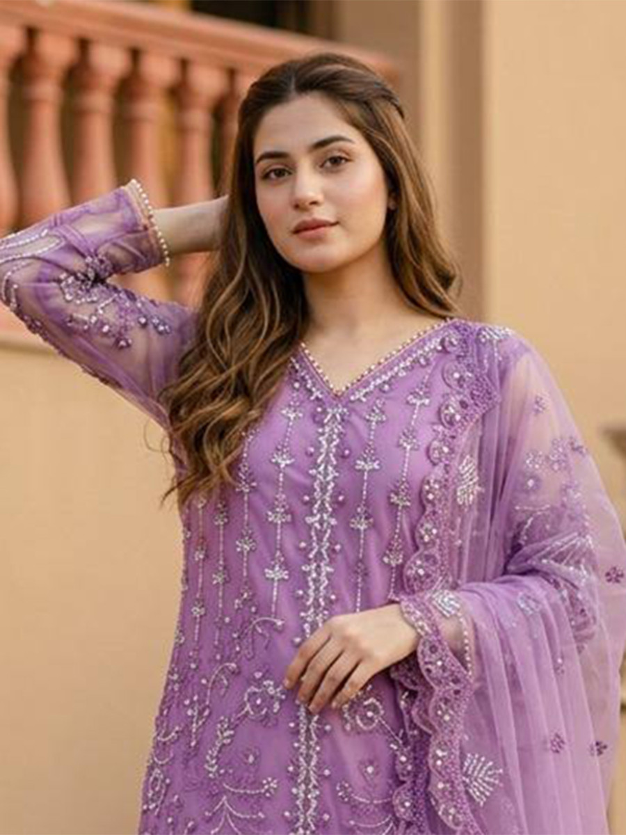 Purple Heavy Soft Net Embroidery Sequins Beads Party Wedding Festival Casual Ready Palazzo Pant Salwar Kameez