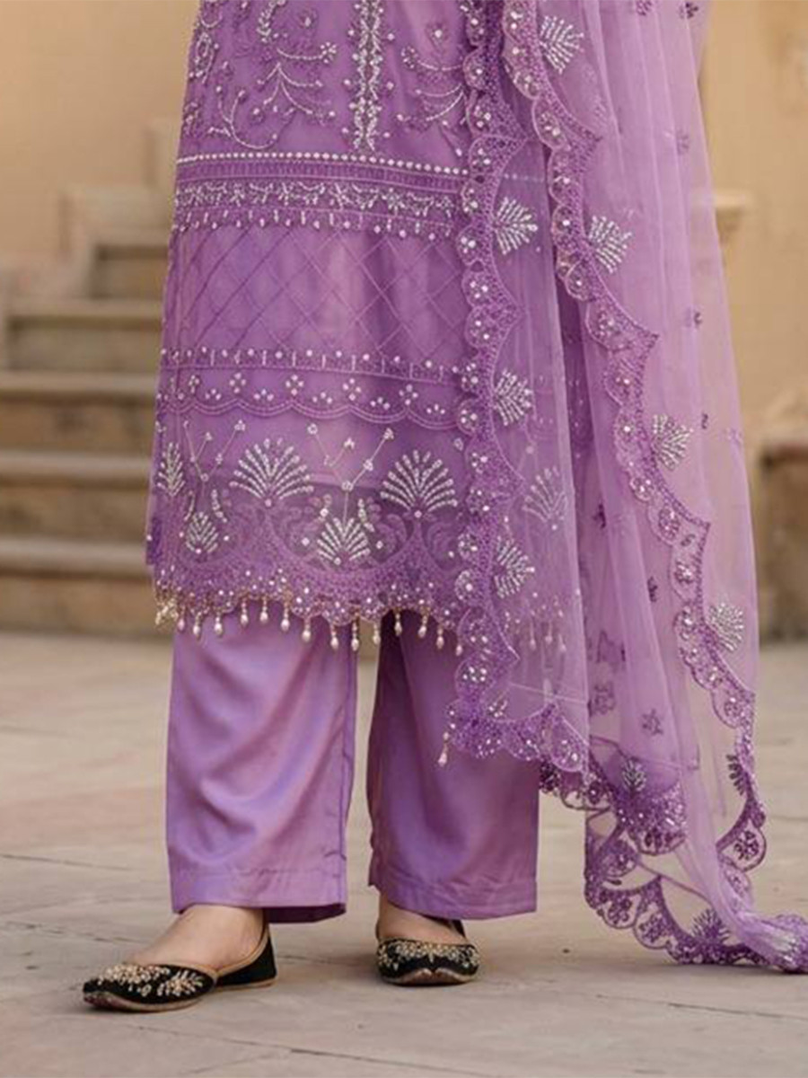 Purple Heavy Soft Net Embroidery Sequins Beads Party Wedding Festival Casual Ready Palazzo Pant Salwar Kameez