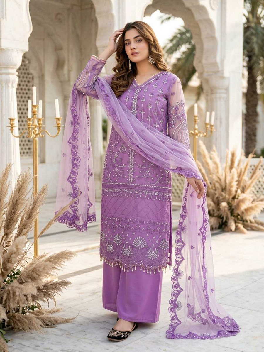Purple Heavy Soft Net Embroidery Sequins Beads Party Wedding Festival Casual Ready Palazzo Pant Salwar Kameez