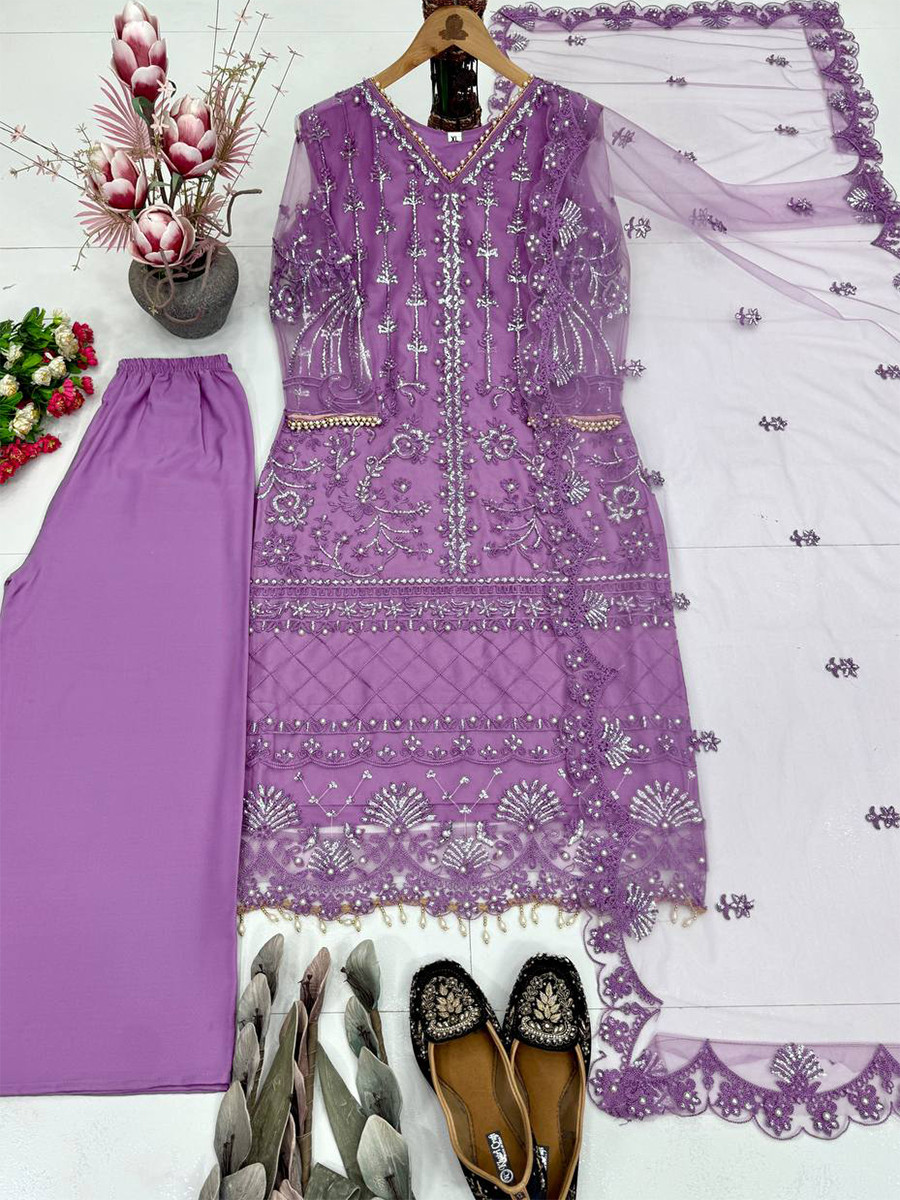 Purple Heavy Soft Net Embroidery Sequins Beads Party Wedding Festival Casual Ready Palazzo Pant Salwar Kameez