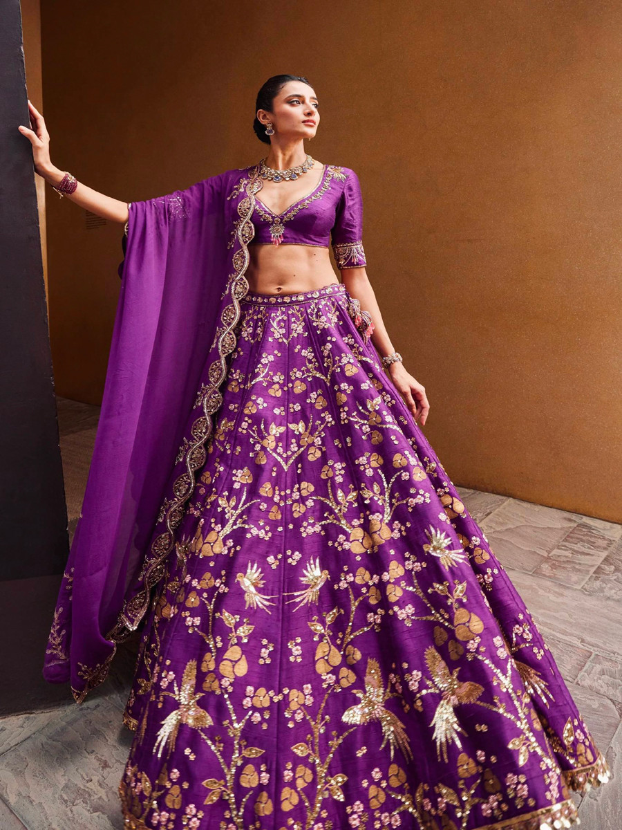 Purple Heavy thai silk Embroidery Sequins Printed Wedding Reception Party Festival Heavy Border Lehenga Choli