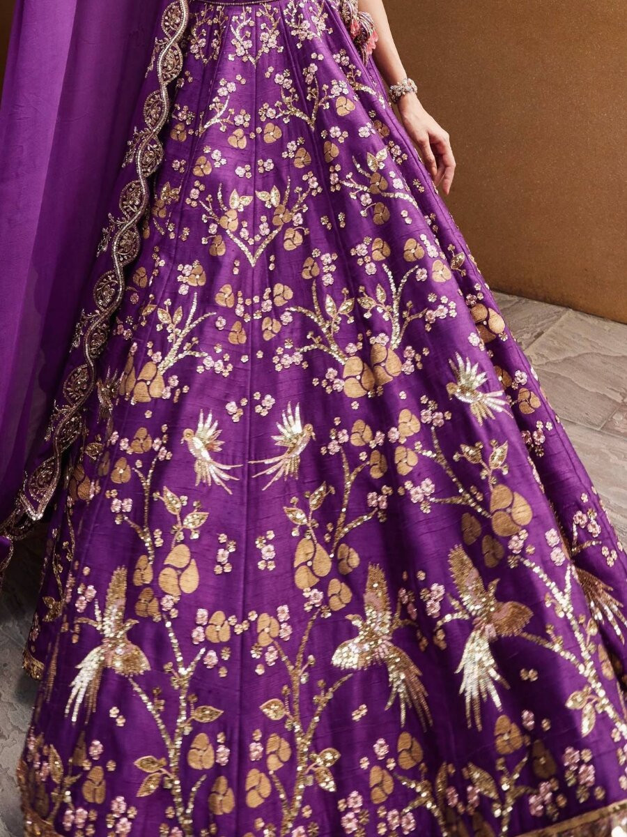 Purple Heavy thai silk Embroidery Sequins Printed Wedding Reception Party Festival Heavy Border Lehenga Choli