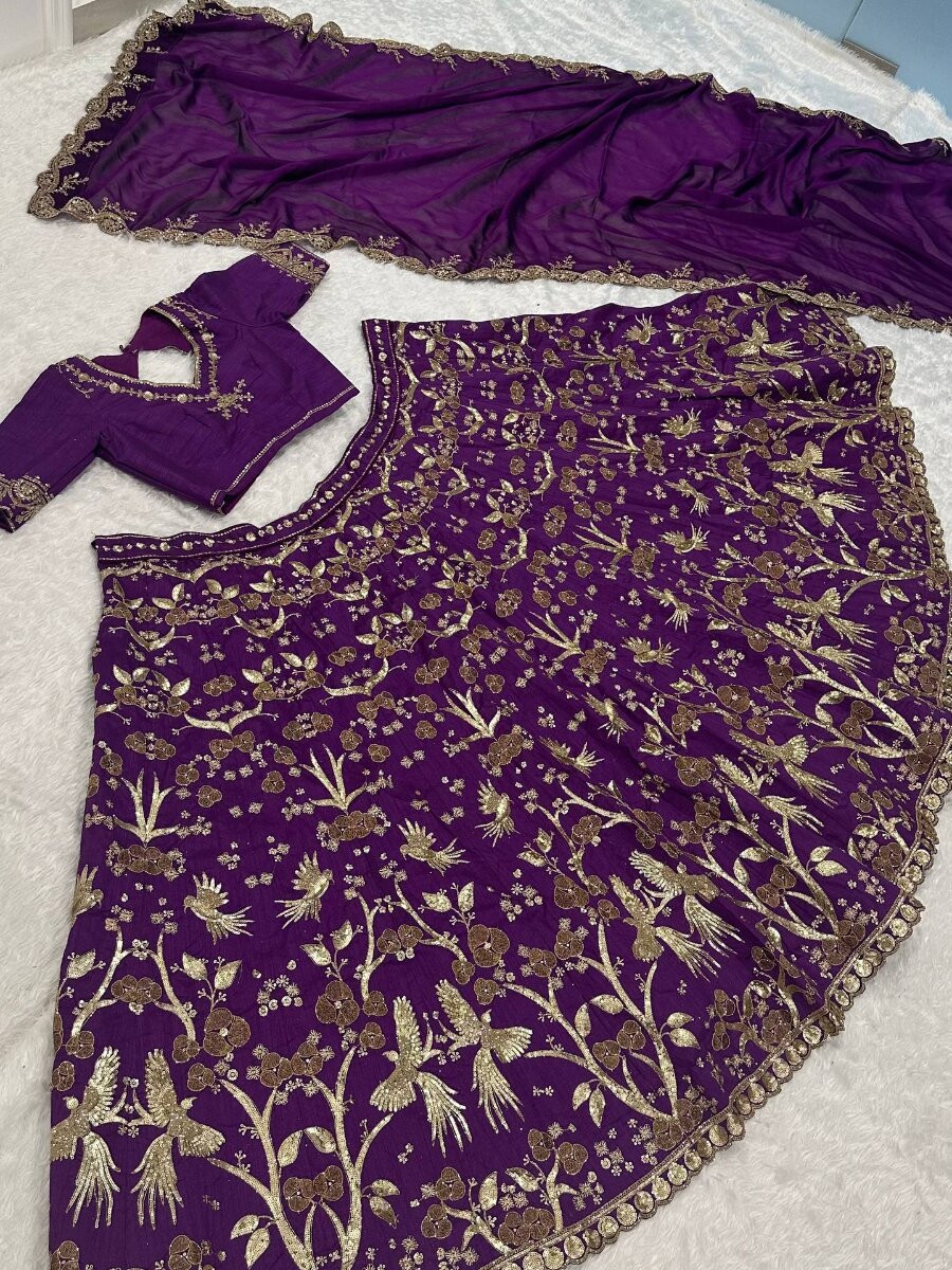 Purple Heavy thai silk Embroidery Sequins Printed Wedding Reception Party Festival Heavy Border Lehenga Choli