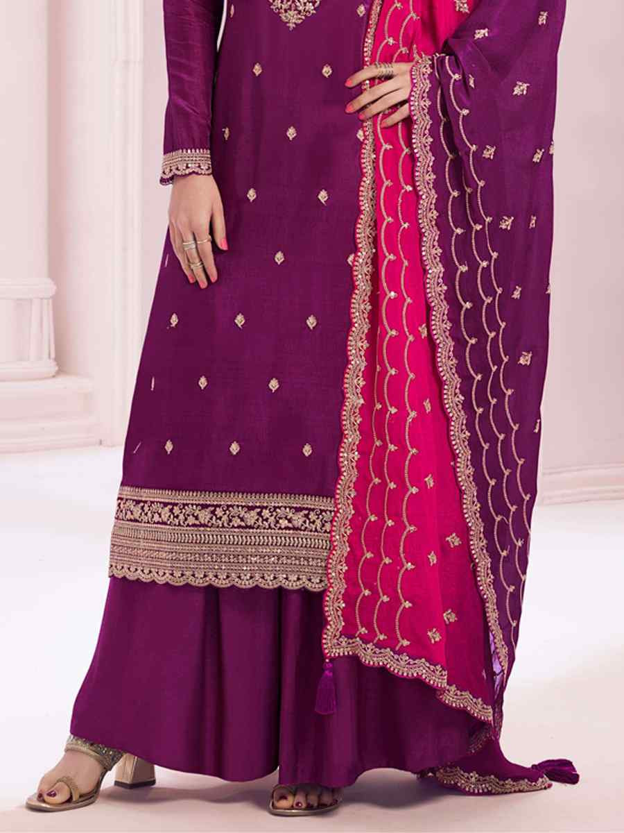 Purple Heavy Vichitra Embroidered Festival Wedding Palazzo Pant Salwar Kameez