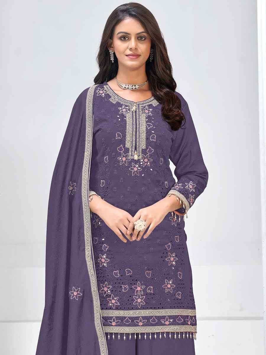 Purple Heavy Vichitra Silk Embroidered Party Wedding Ready Palazzo pant Salwar Kameez
