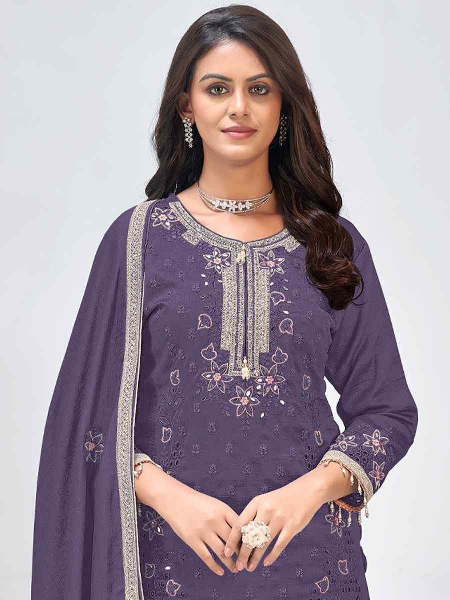 Purple Heavy Vichitra Silk Embroidered Party Wedding Ready Palazzo pant Salwar Kameez