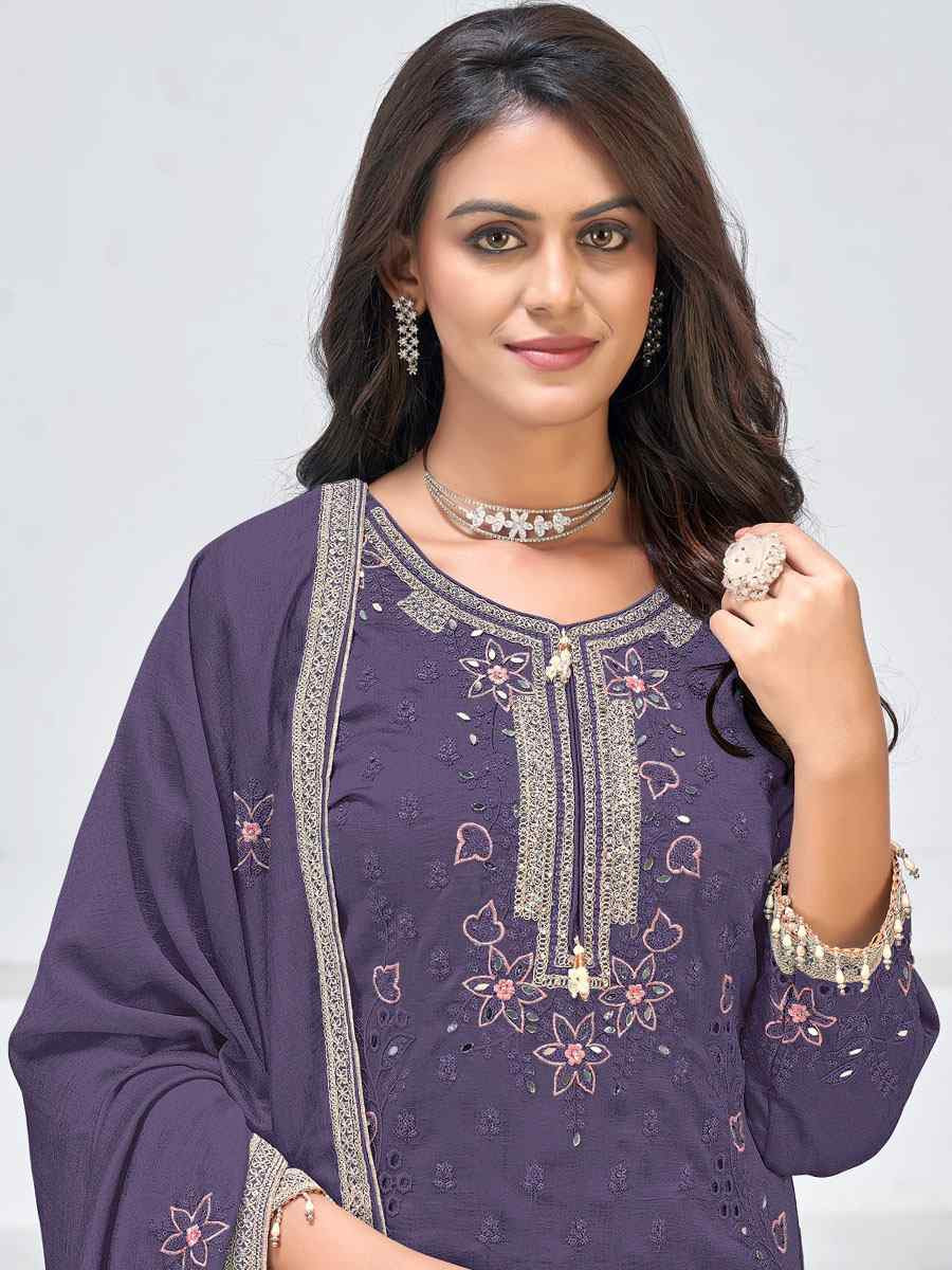 Purple Heavy Vichitra Silk Embroidered Party Wedding Ready Palazzo pant Salwar Kameez