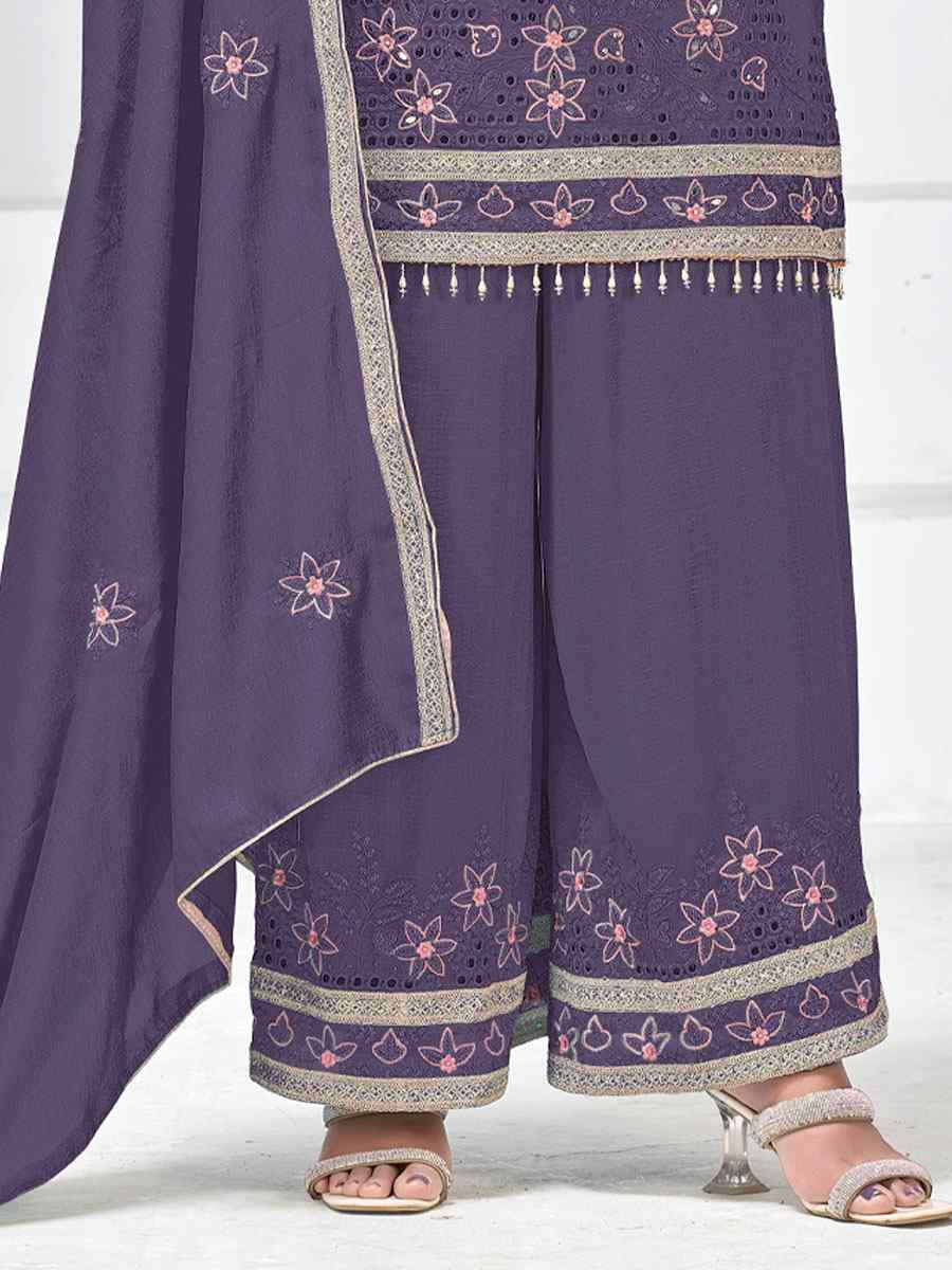 Purple Heavy Vichitra Silk Embroidered Party Wedding Ready Palazzo pant Salwar Kameez
